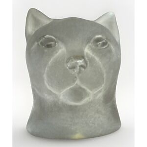 Vintage Nybro Sweden Art Glass Frosted Satin Clear Cat Head Paperweight w/ Tag